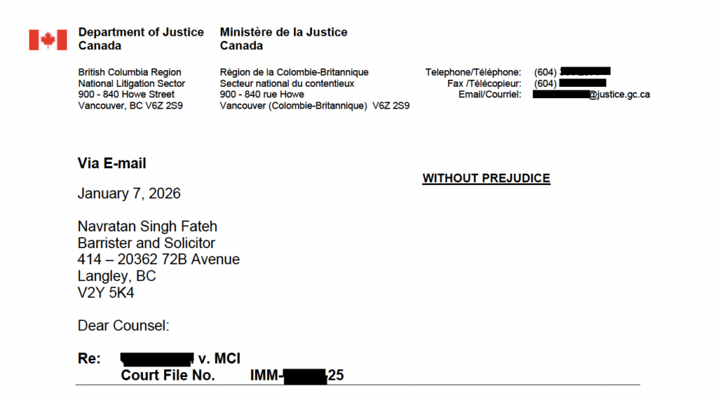Department of Justice settlement correspondence in Federal Court immigration judicial review
