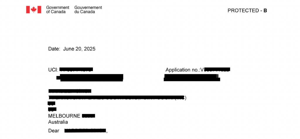 Canadian visitor visa refusal letter issued on June 20, 2025 by IRCC