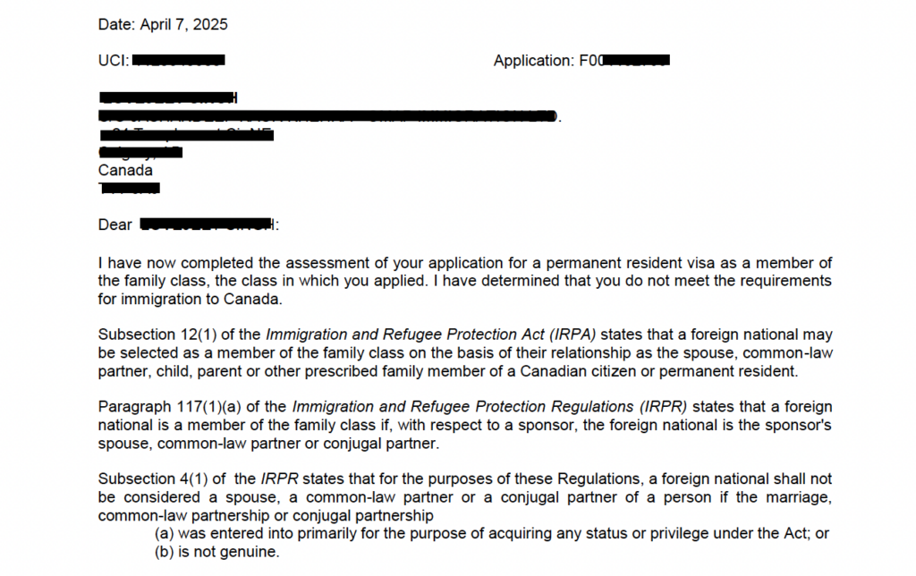 Spousal sponsorship refusal letter citing IRPR section 4 bad faith marriage